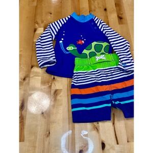 Coolibar Swim Set Kids 12-18M Blue Striped Good UPF 50+ Turtle Rash Guard Shorts